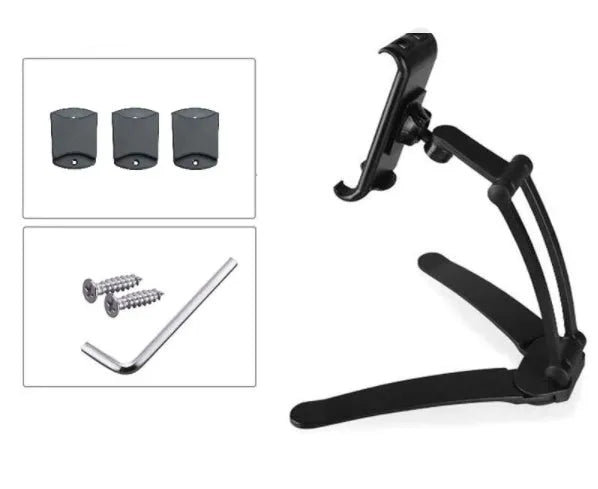Silver aluminium alloy desktop tablet stand holding a tablet, showing 360-degree adjustable arm and mounting base.