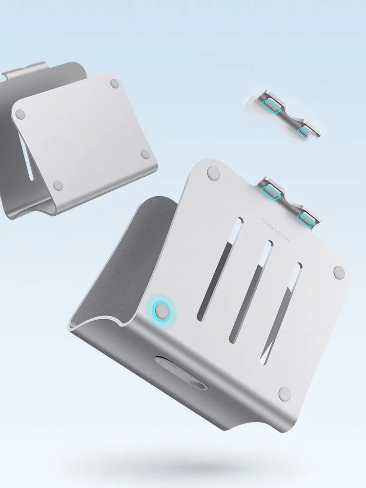 Aluminium notebook cooler stand with a rotary base in silver and grey colour options.