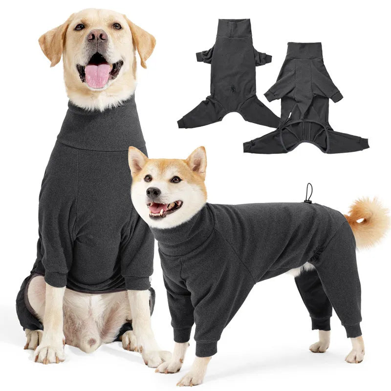Dark grey polar fleece four-legged dog clothes with high collar for winter cold protection