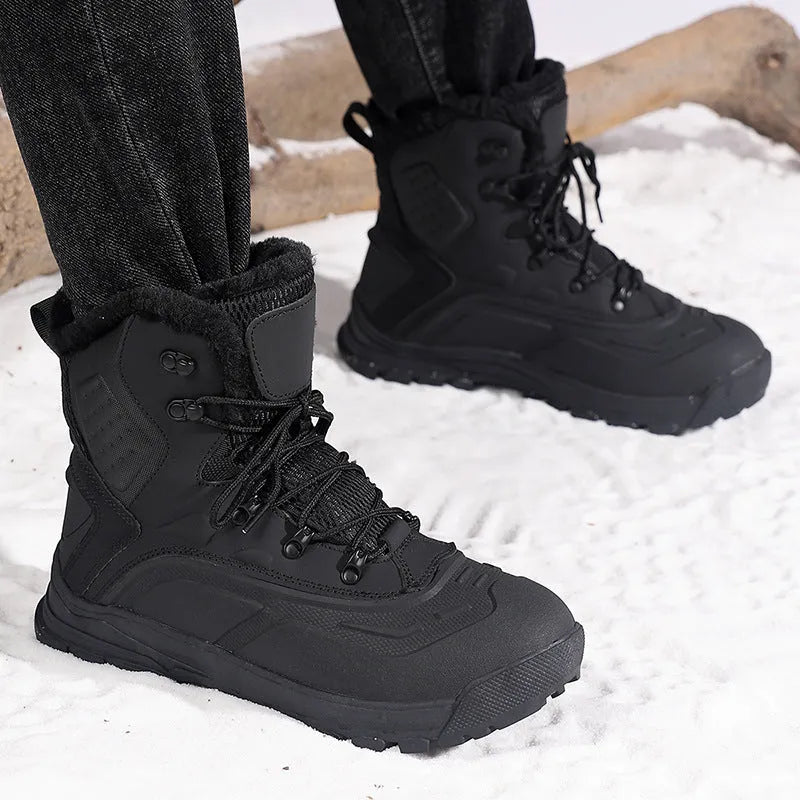 Men's black high-top boots with fleece lining and lace-up front, shown from the side.