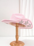 A beige woven polyester Western-style top hat with a conical crown and a hexagonal star detail on the front.