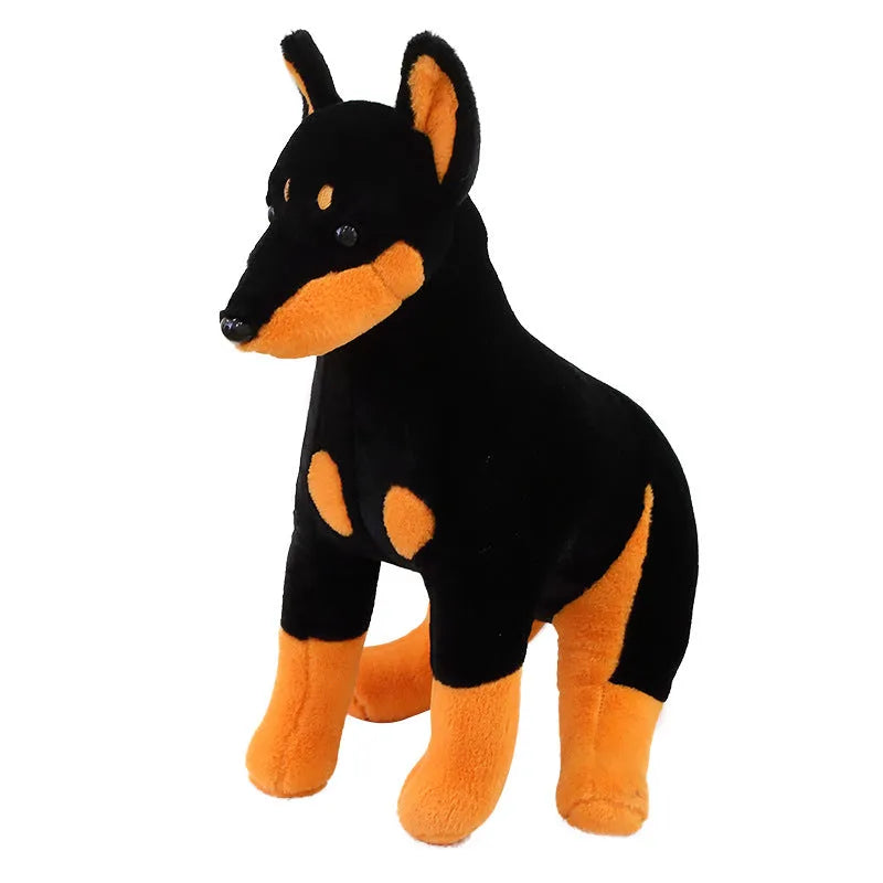 Black Doberman Pinscher plush toy with short plush surface, available in 40cm or 55cm sizes