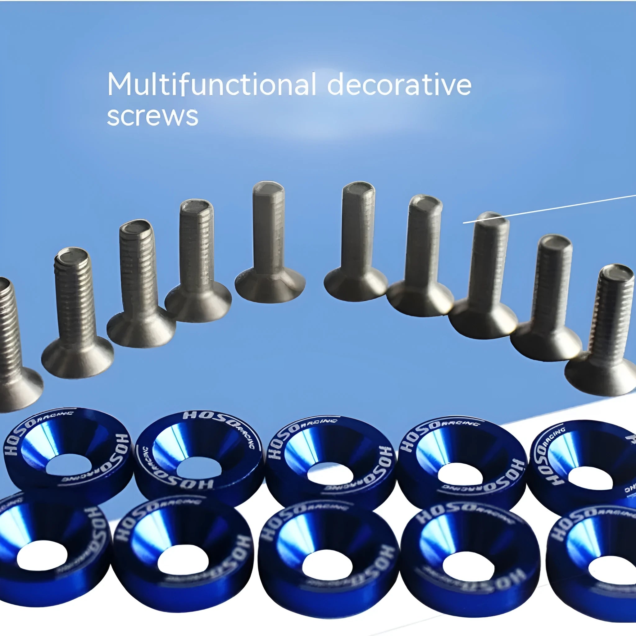 Ten car modification gasket screws displayed in eight different colours for automotive engine bay customisation