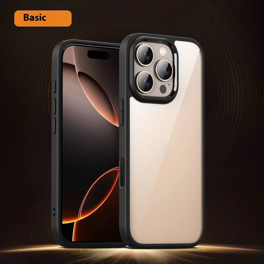 Transparent black magnetic phone case for iPhone 16 with airbag corners and integrated magnetic ring