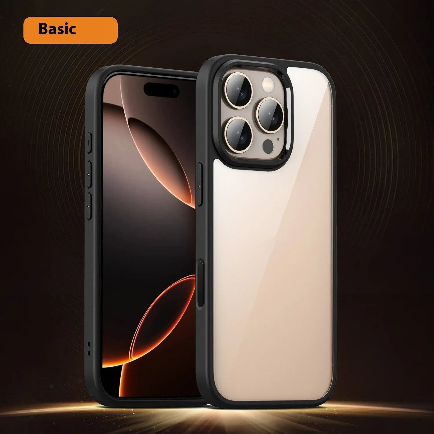 Transparent black magnetic phone case for iPhone 16 with airbag corners and integrated magnetic ring