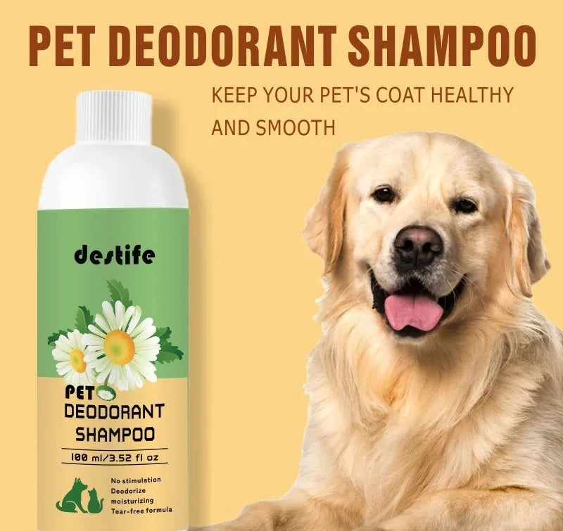 100ml bottle of pet shampoo and shower gel for dogs and cats with deodorising fragrance