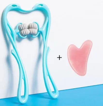 Blue manual swan-shaped neck massager with six rolling wheels and a natural crystal jade scraping board on a white background.