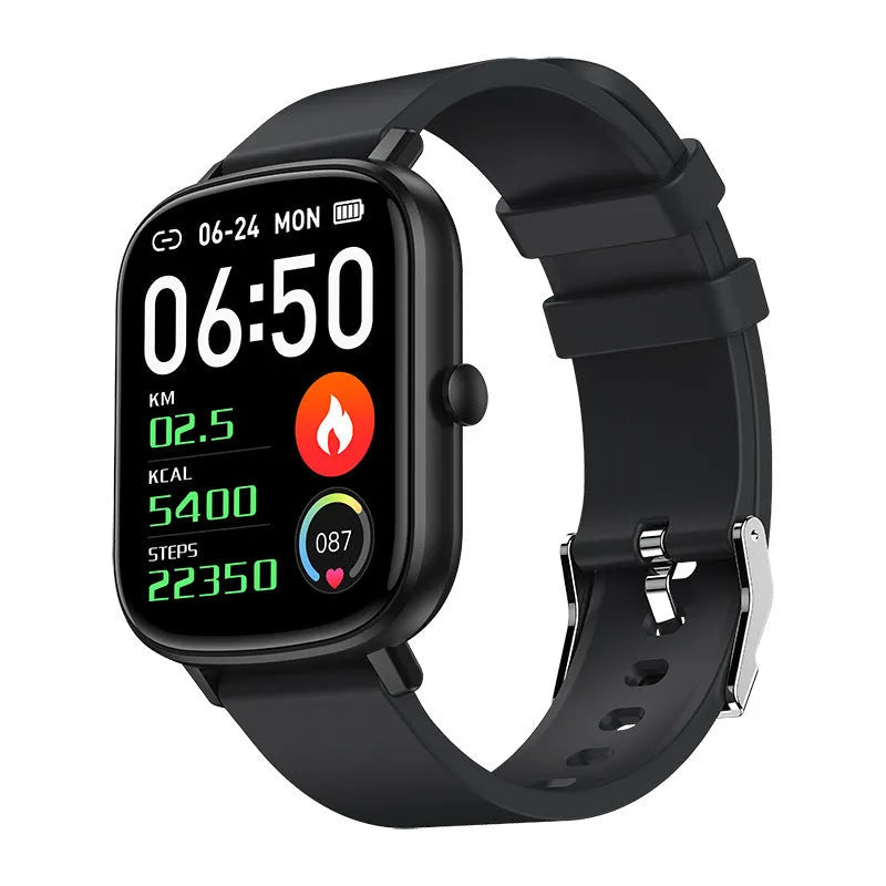 Intelligent pedometer bracelet with 1.7-inch TFT screen and silicone strap, shown in black