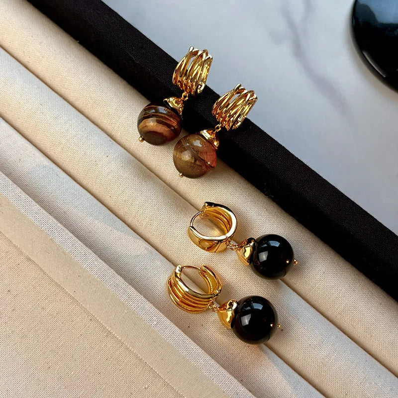 Geometric tigereye stone hoop earrings with real gold plating in French retro style