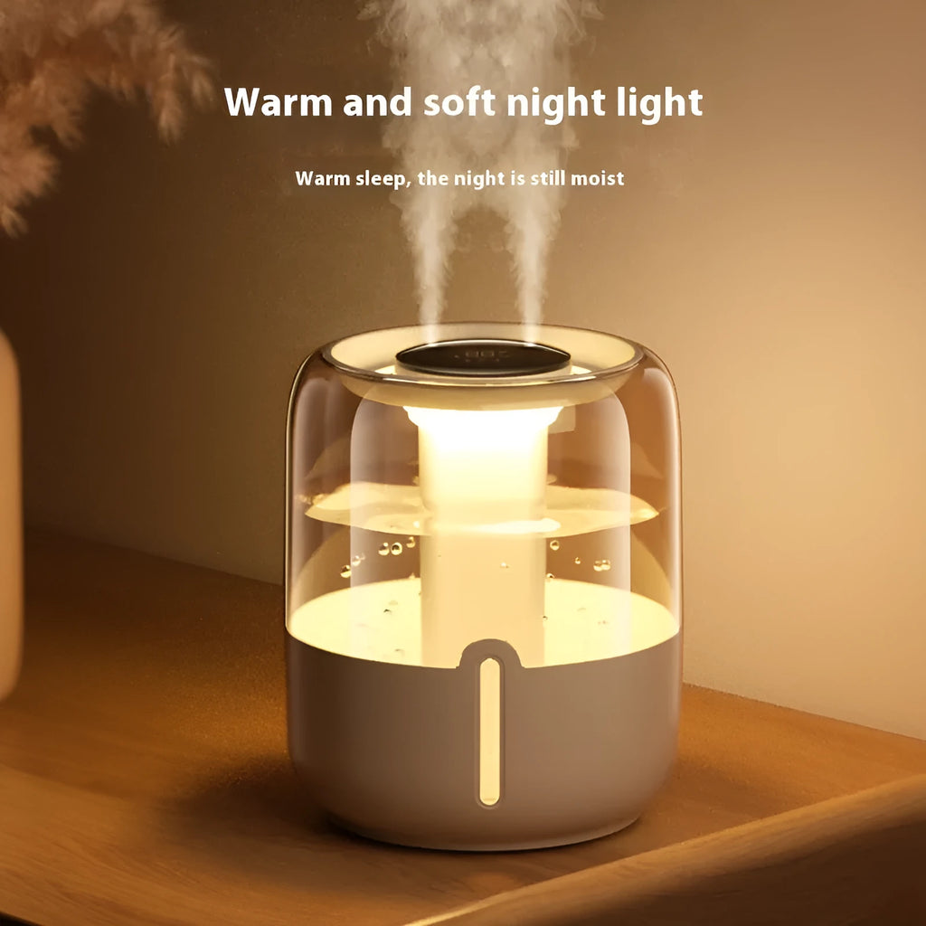 Round beige humidifier with USB port, dual spray nozzles, humidity display, and night light