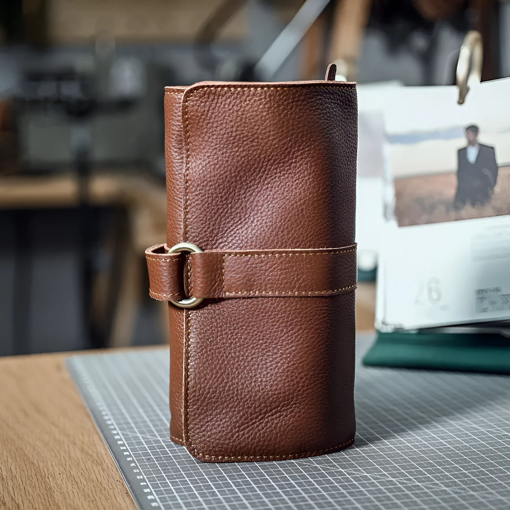 Handmade cow leather vintage wallet in black or dark brown with tape extraction closure