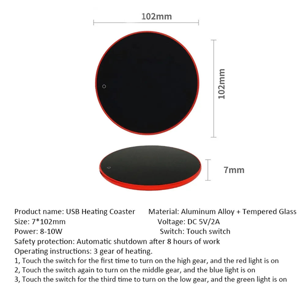 Black USB heating coaster for coffee mugs with touch temperature controls