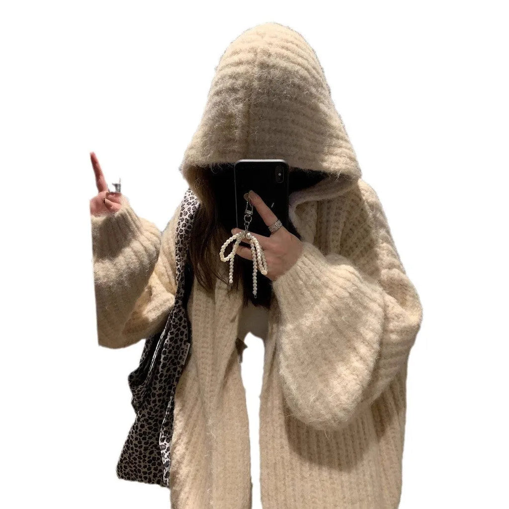 Women's retro style hooded cardigan sweater in thick knit fabric, loose fit, solid colour options