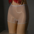 Shiny men's seamless nylon underwear stockings in multiple colours on a mid-waist model