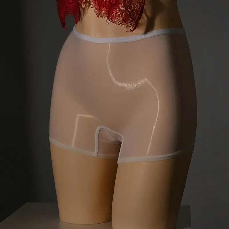 Shiny men's seamless nylon underwear stockings in multiple colours on a mid-waist model