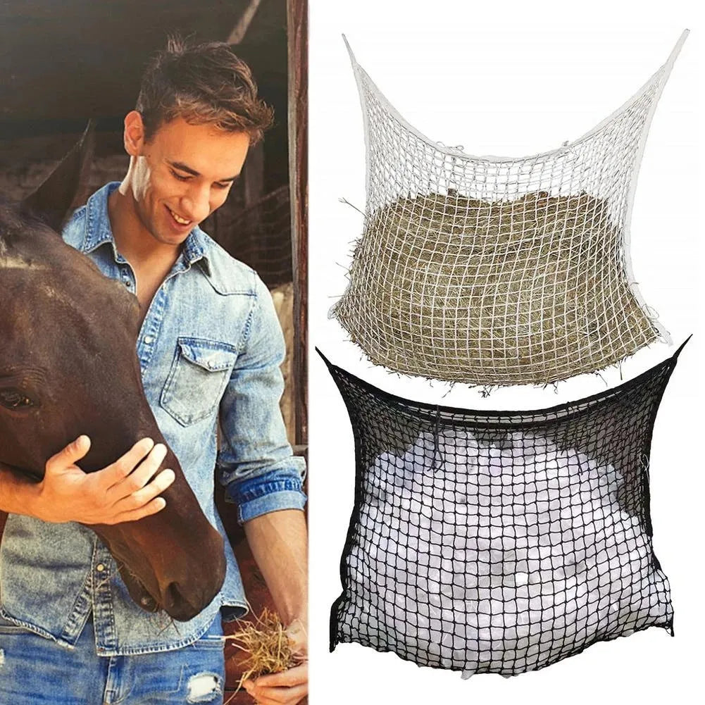 Woven grid horse feeding bag in black hanging, suitable for cattle and sheep.