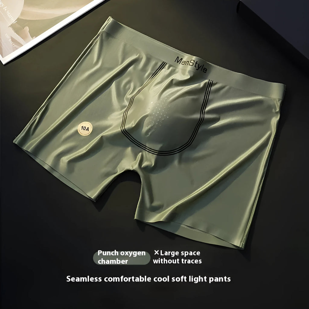 Men's satin ice silk seamless boxer shorts in mid-waist style, shown in dark grey colour.