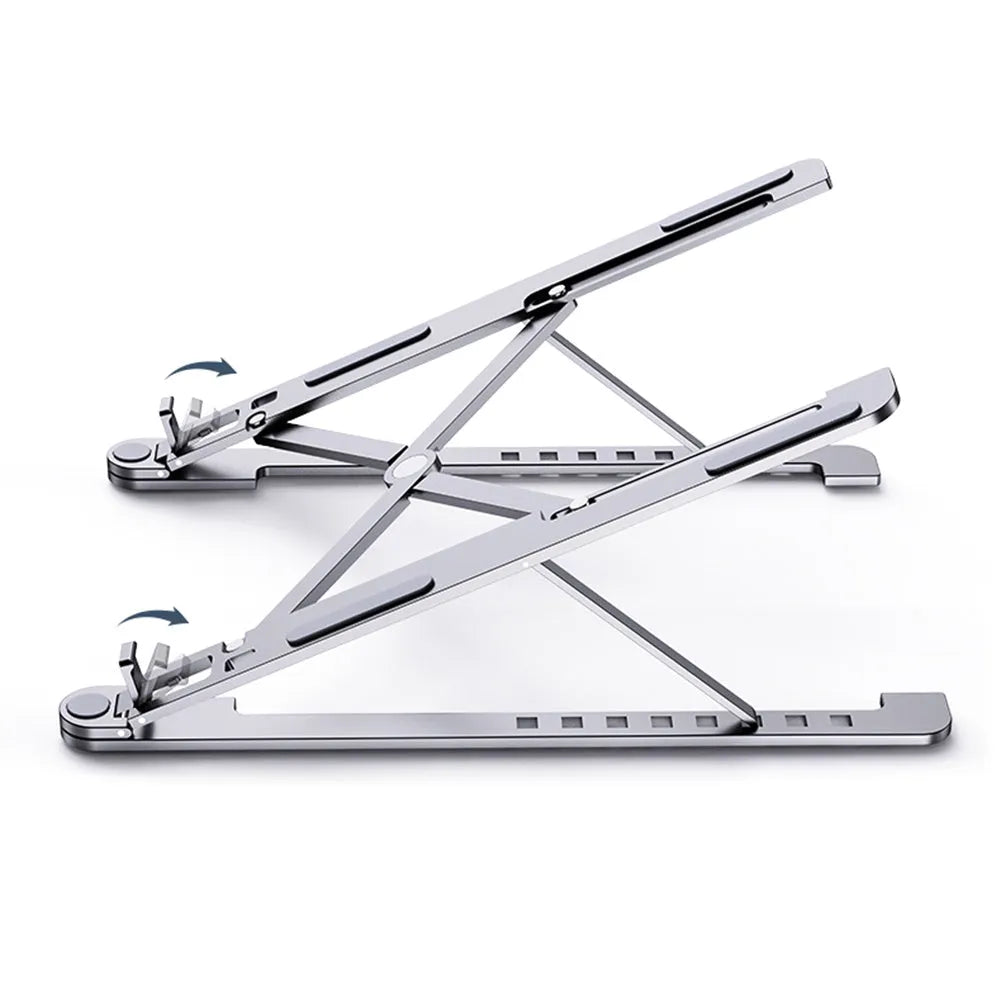 Silver aluminium laptop stand holding a MacBook, shown in both open and folded flat positions.