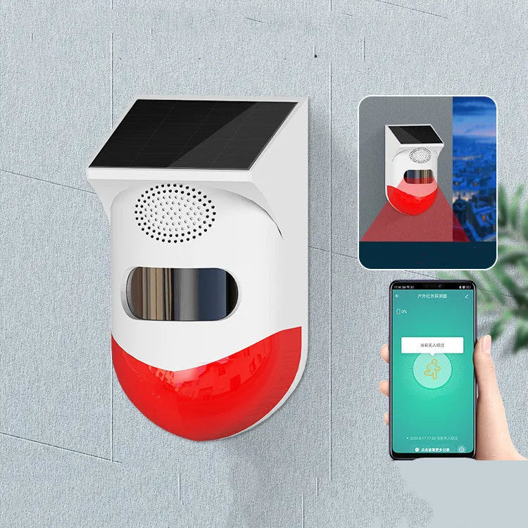 Solar-powered wireless infrared security alarm with remote control for outdoor installation