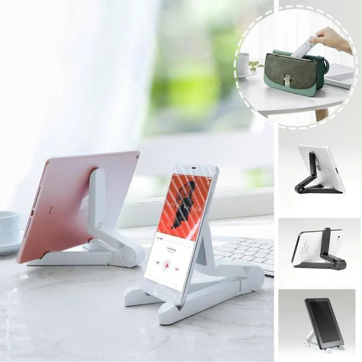 Black foldable tablet holder displaying adjustable angles with phone in landscape mode on non-slip surface