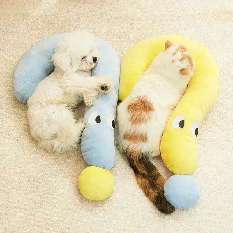 Blue and yellow rectangular pet pillow measuring 62 by 39 centimetres for dogs and cats.