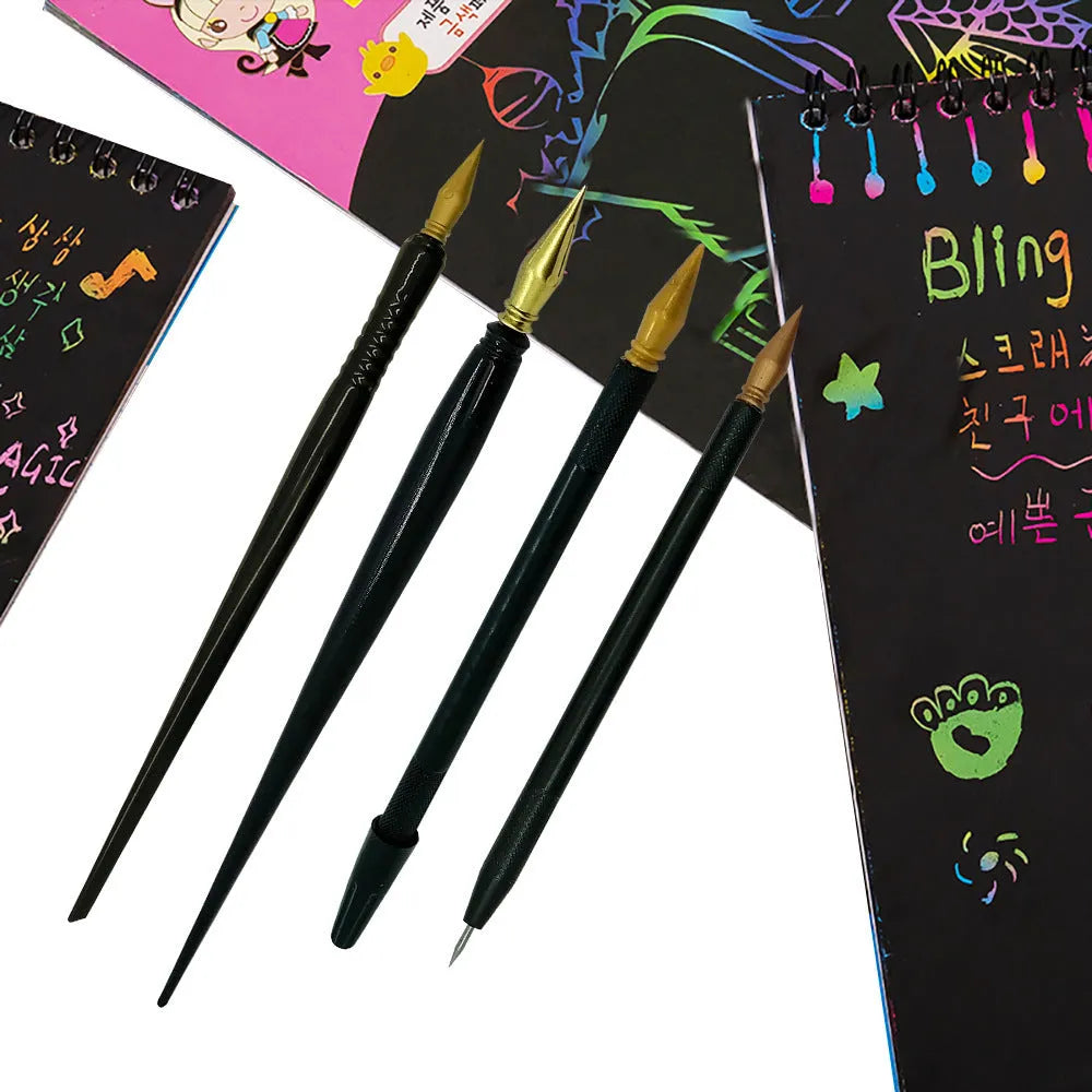 Children's scratch art pen with integrated brush made from white PS plastic for creative drawing projects