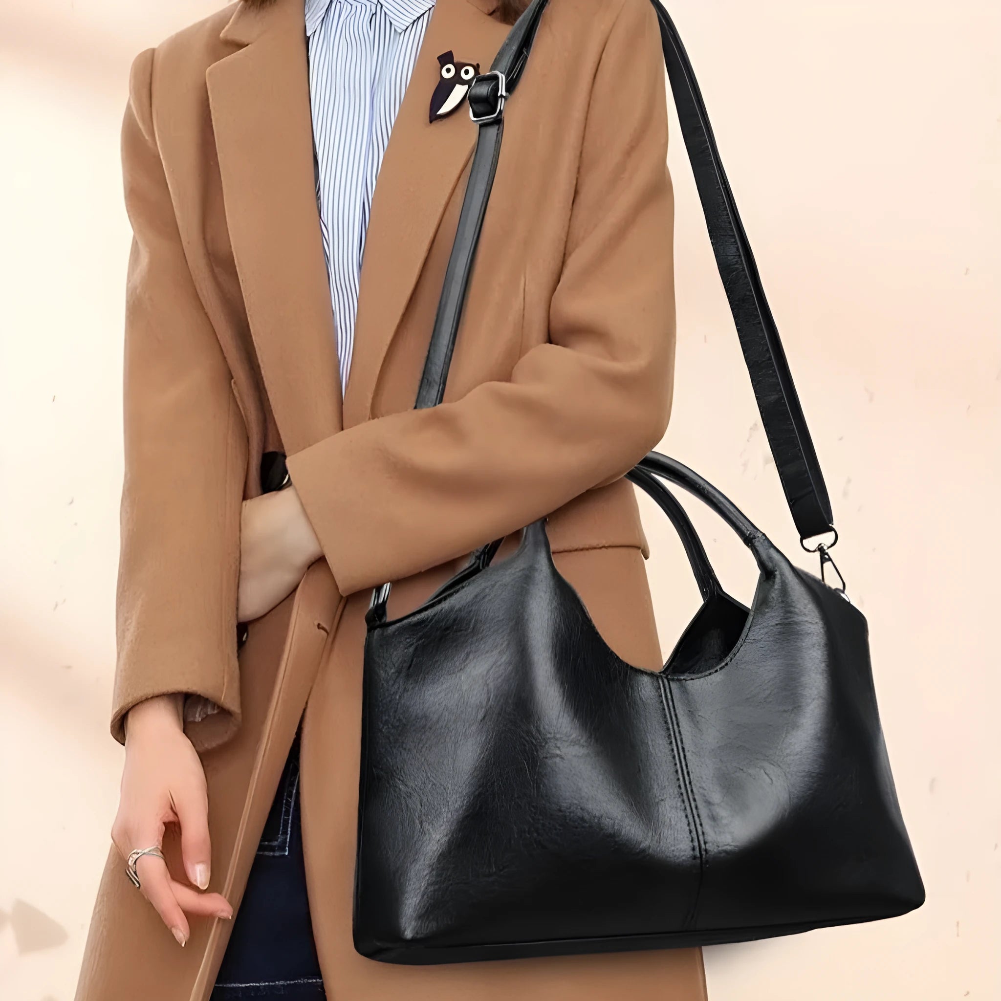 Genuine leather women's crossbody bag in beige colour showing large capacity design
