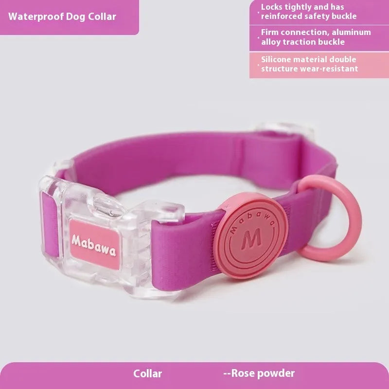 Nylon dog collar and leash set in rose pink, showing clip and length options.