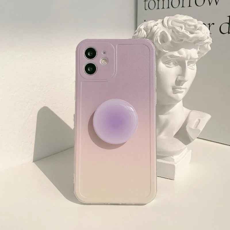 Yellow to purple gradient silicone iPhone case with extended X bracket stand on back