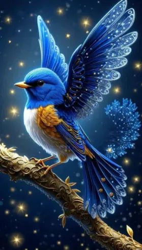 Handmade blue bird diamond painting kit on 60x100cm canvas with internal wooden frame.