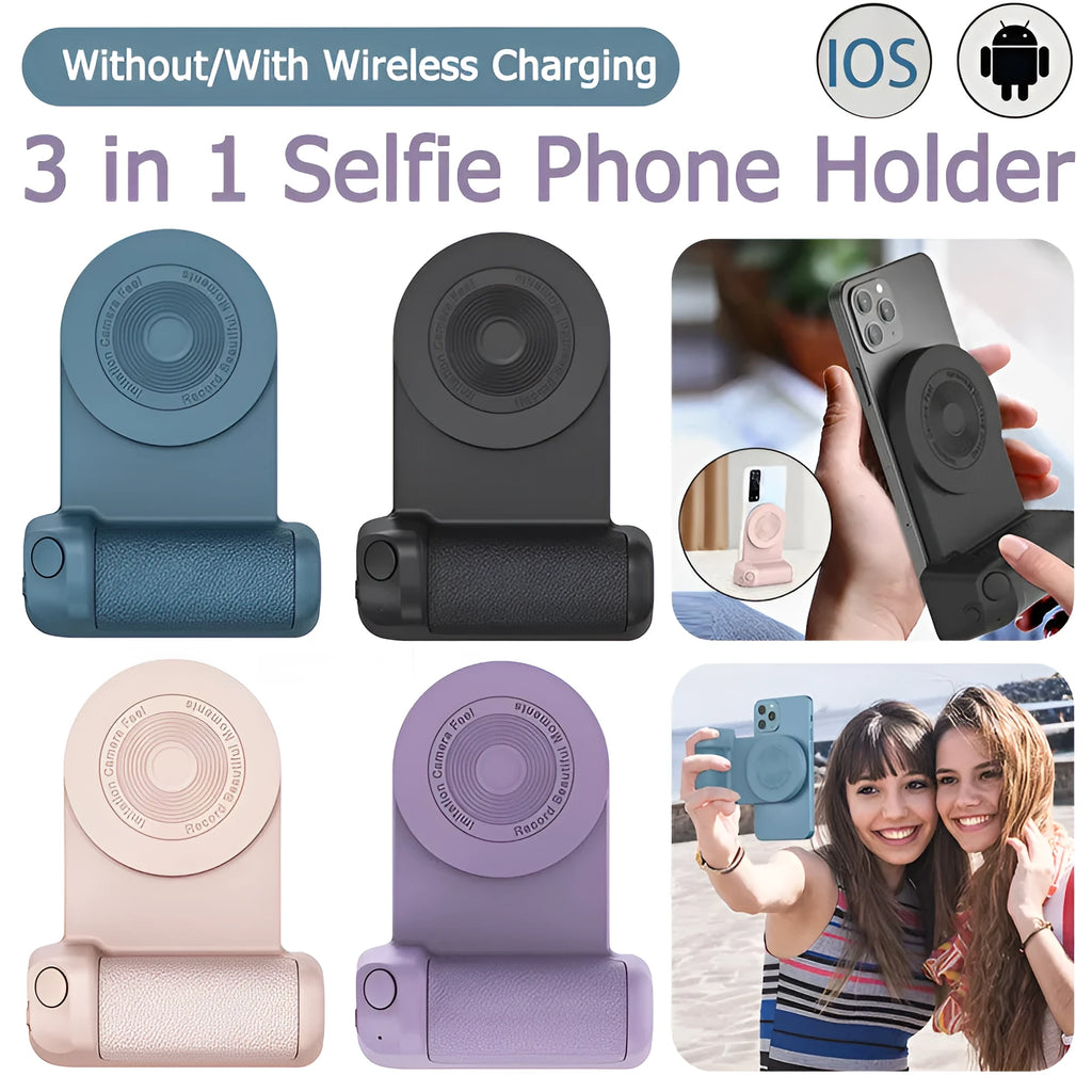 Black magnetic phone camera grip holder with rotatable bracket on a table.