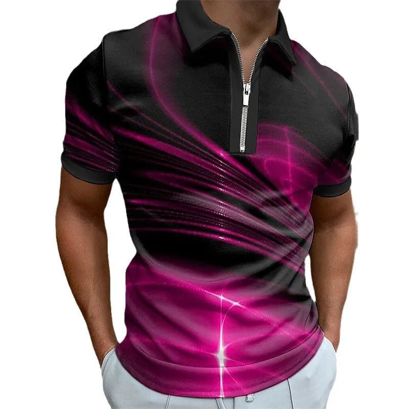 Men's blue lapel short sleeve zipper polo shirt with printing, loose fit.