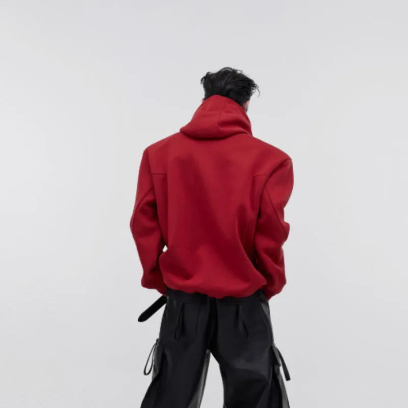 Men's red hooded sweater with three-dimensional metal printing and structured shoulder pads