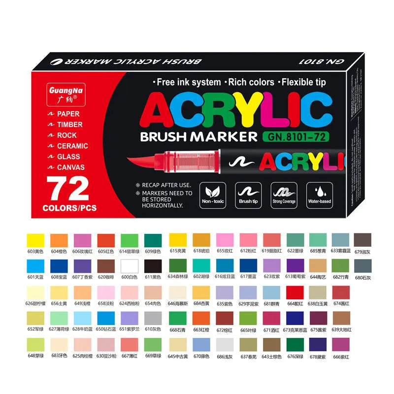 Set of straight liquid acrylic marker pens with soft heads, showing multiple colour options for art and graffiti.