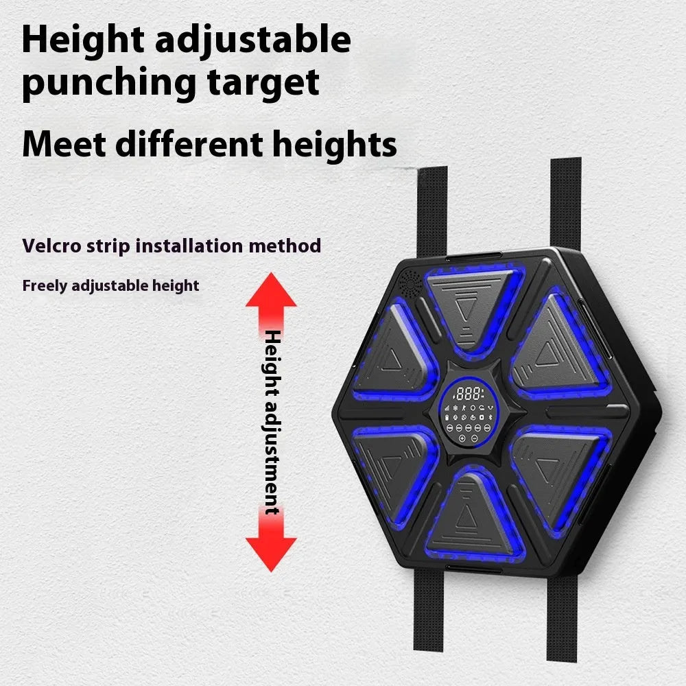 Electronic boxing wall target with music rhythm system showing dimensions and installation options