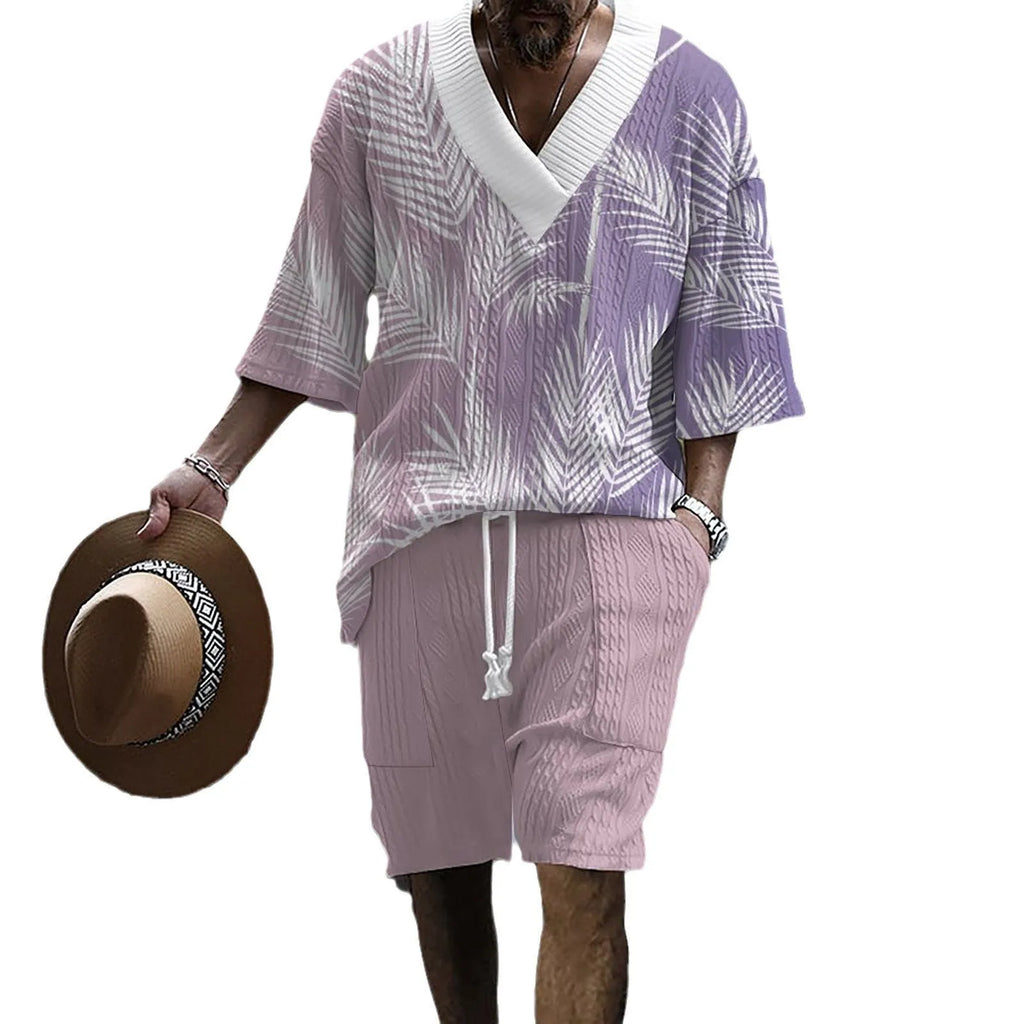 Men's printed drop-shoulder knitted short-sleeved top with matching shorts in polyester blend fabric