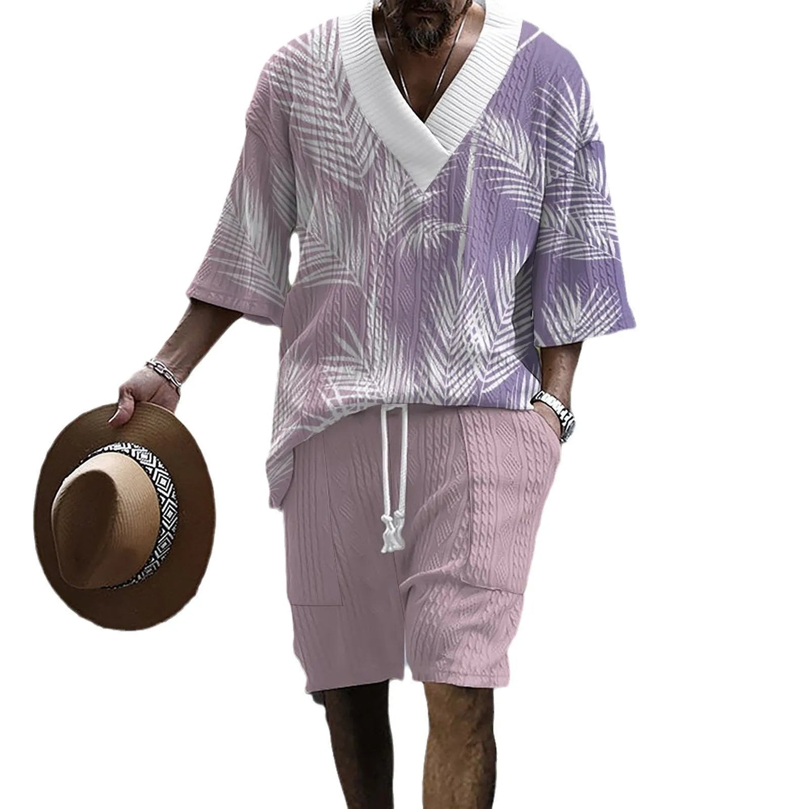 Men's printed drop-shoulder knitted short-sleeved top with matching shorts in polyester blend fabric