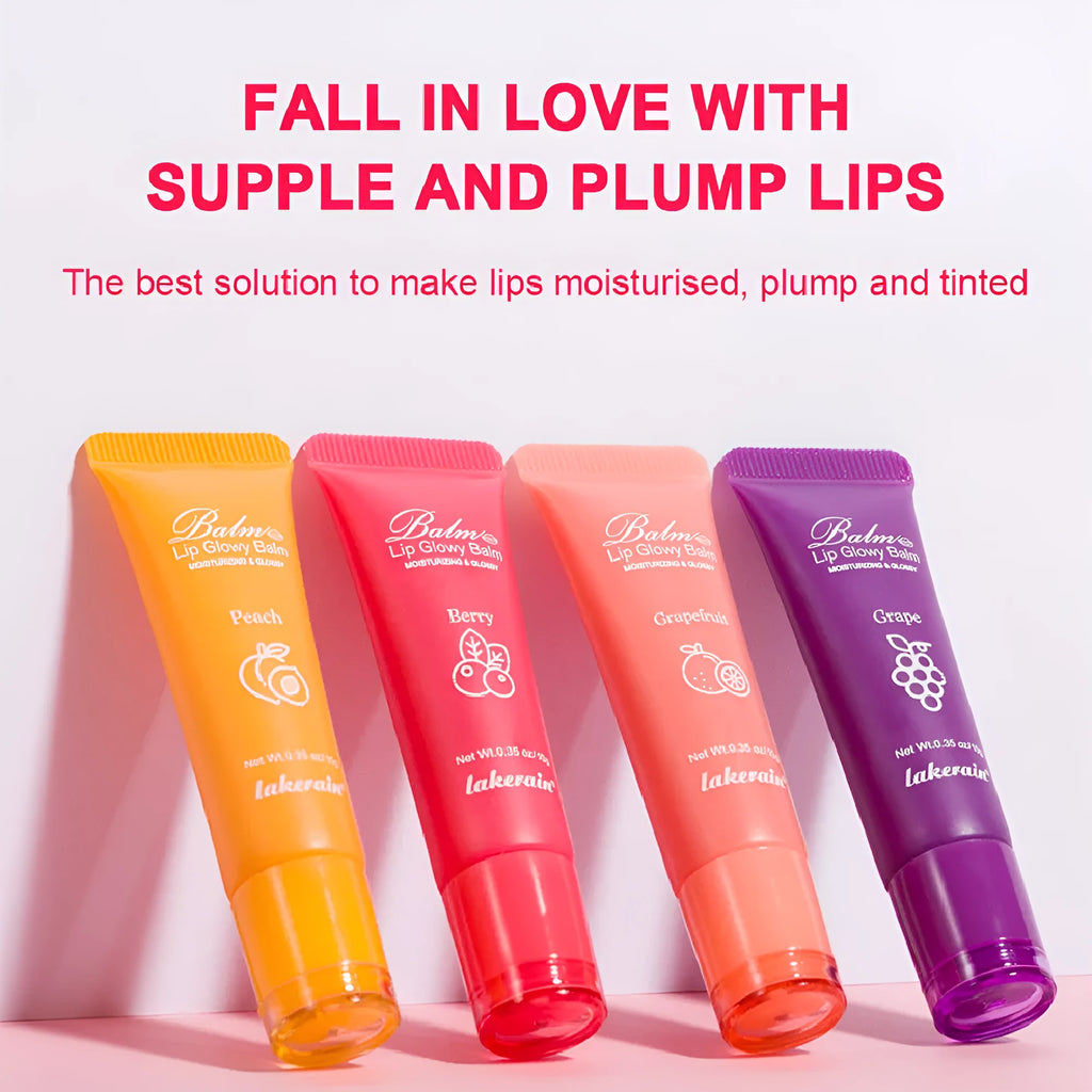 Women's lip gloss in a tube with four flavour options: berry, grape, grapefruit, and yellow peach.