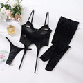 Women's black mesh one-piece stockings set with steel ring top and underwear