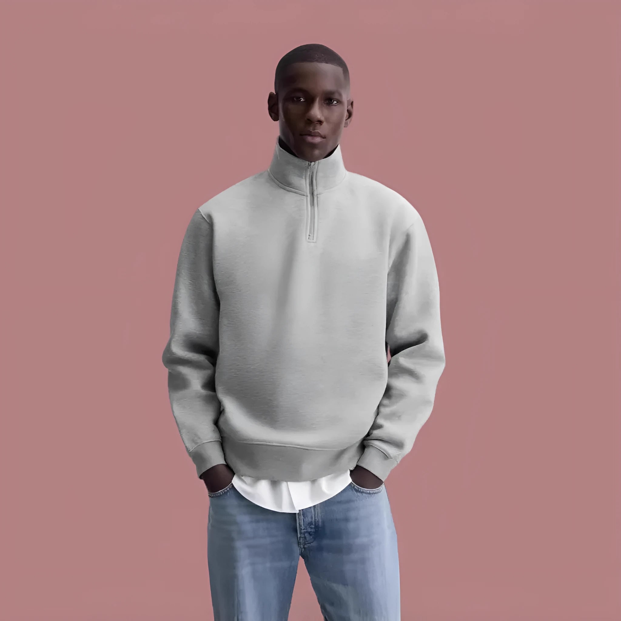 Grey half-zipped cotton sweater with stand collar and long sleeves