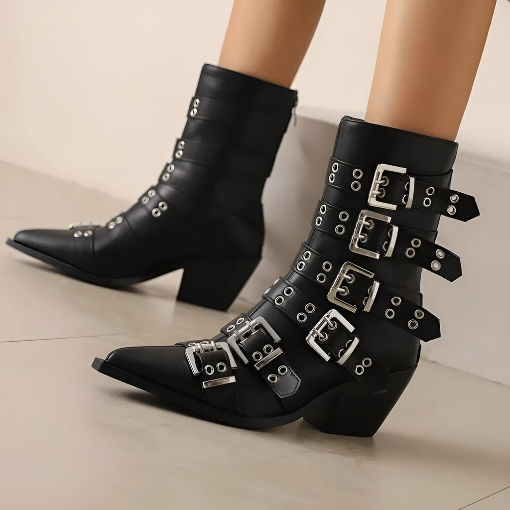 Autumn winter pointed knight women's boots with belt buckle, black patent leather, plus sizes