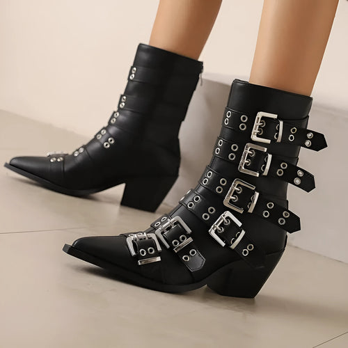 Autumn winter pointed knight women's boots with belt buckle, black patent leather, plus sizes