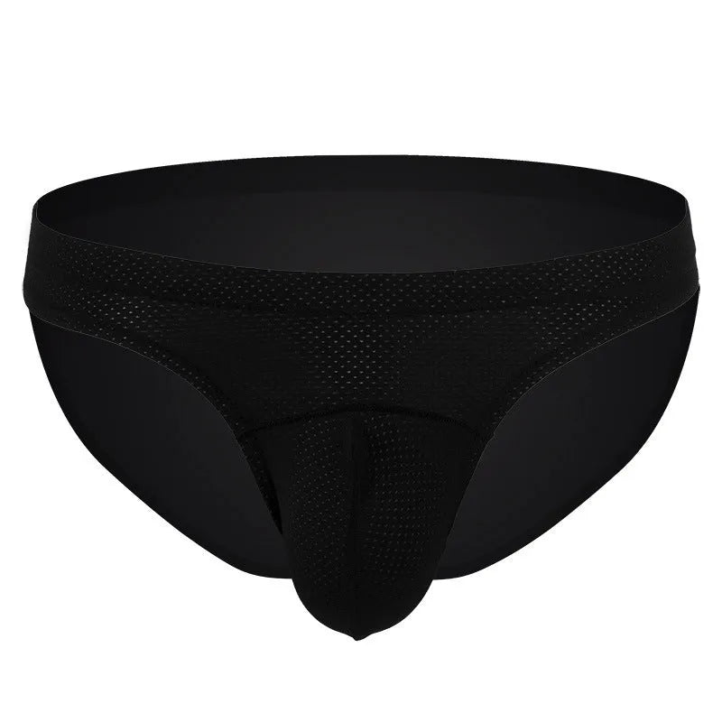 Men's transparent loose-fit nylon underwear in blue on a white background.