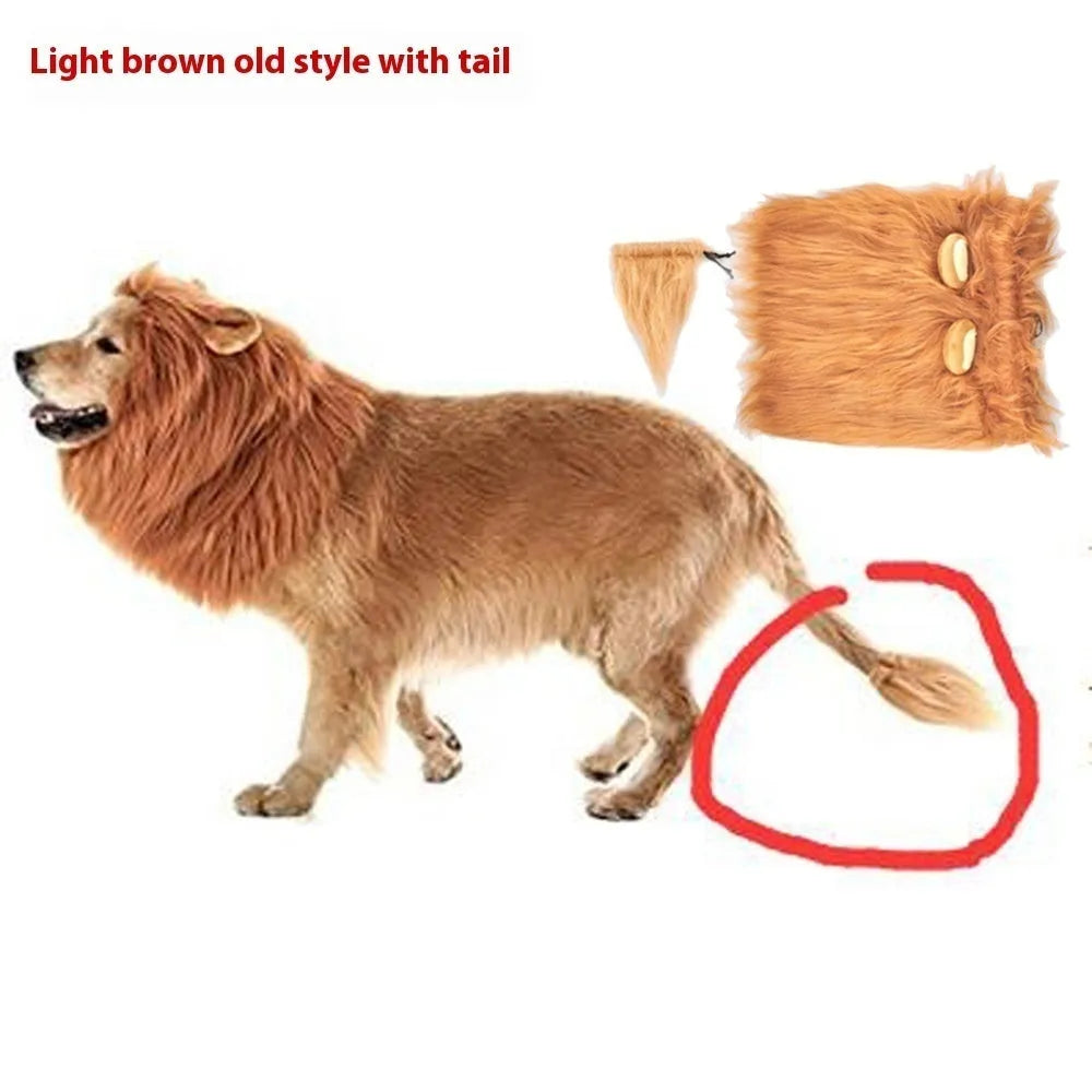 Dog wearing a brown lion headdress costume wig with a full mane and elastic neckband