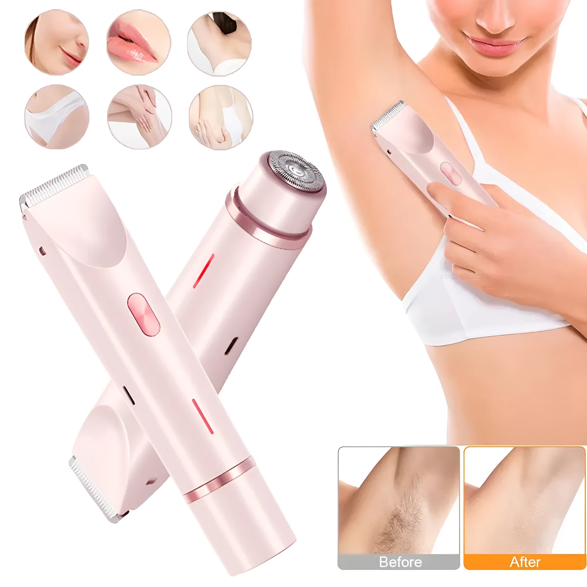 Pink women's electric body hair trimmer and shaver with USB cable on a white background