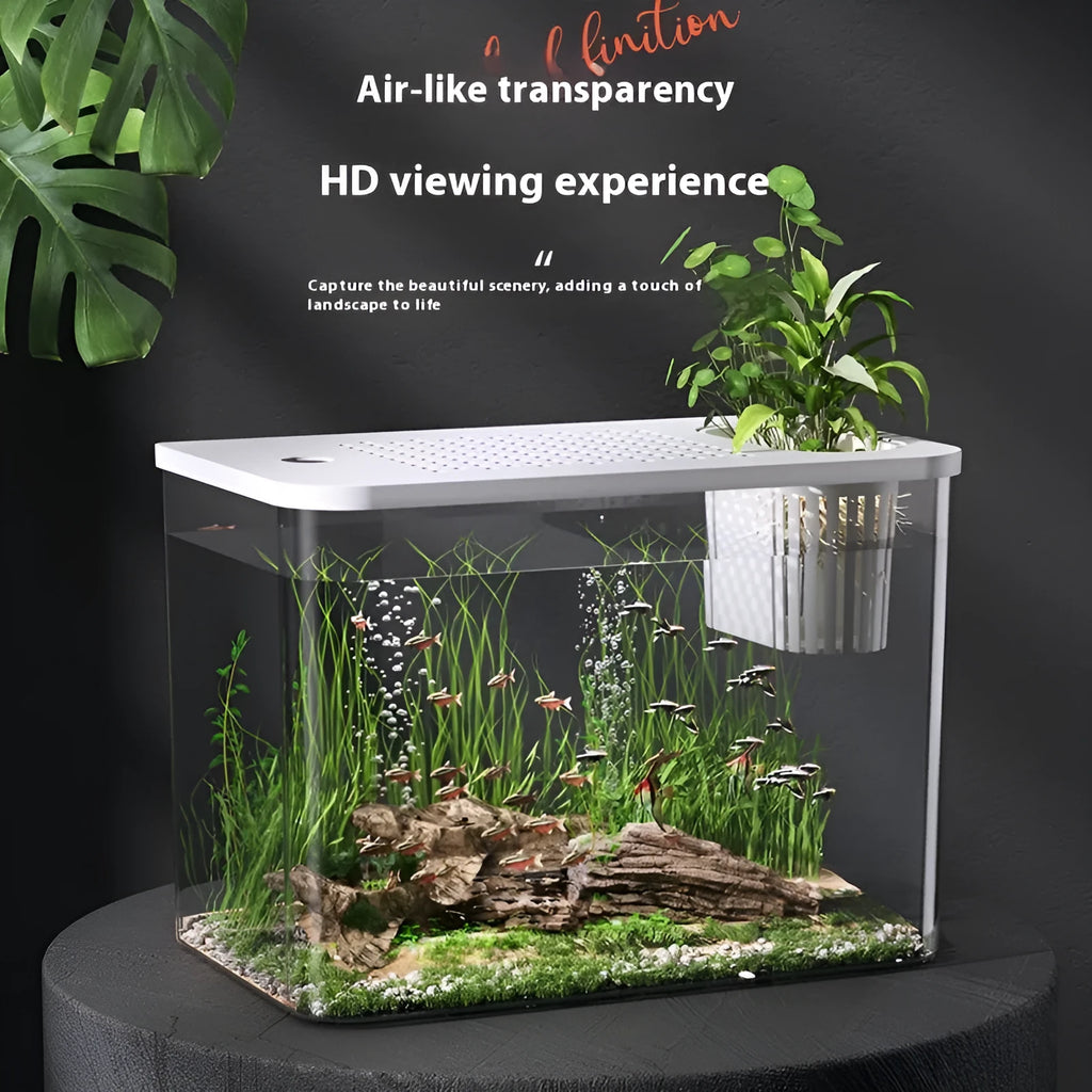 Black and white compact plastic betta fish tank with cover measuring 32 cm long.