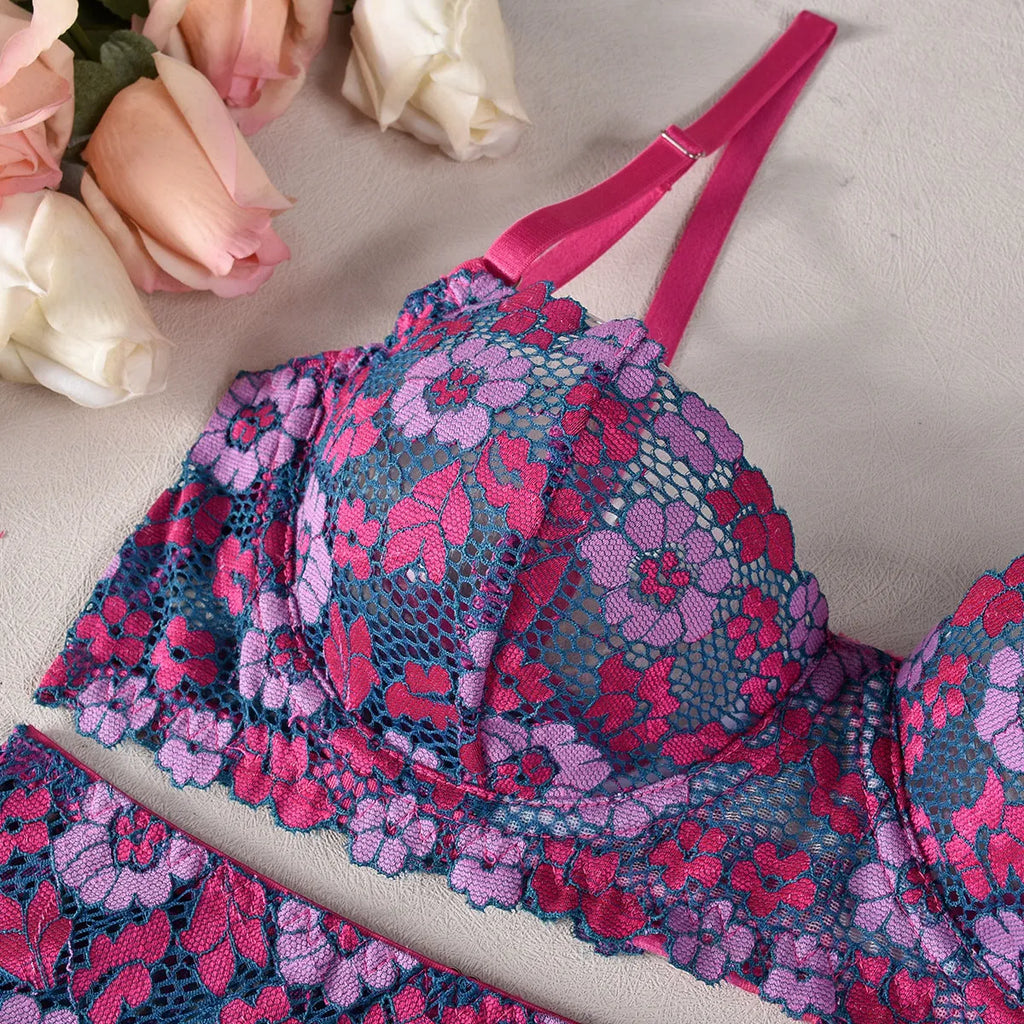 Rose red women's bikini set with contrast colour embroidery, Asian sizes available
