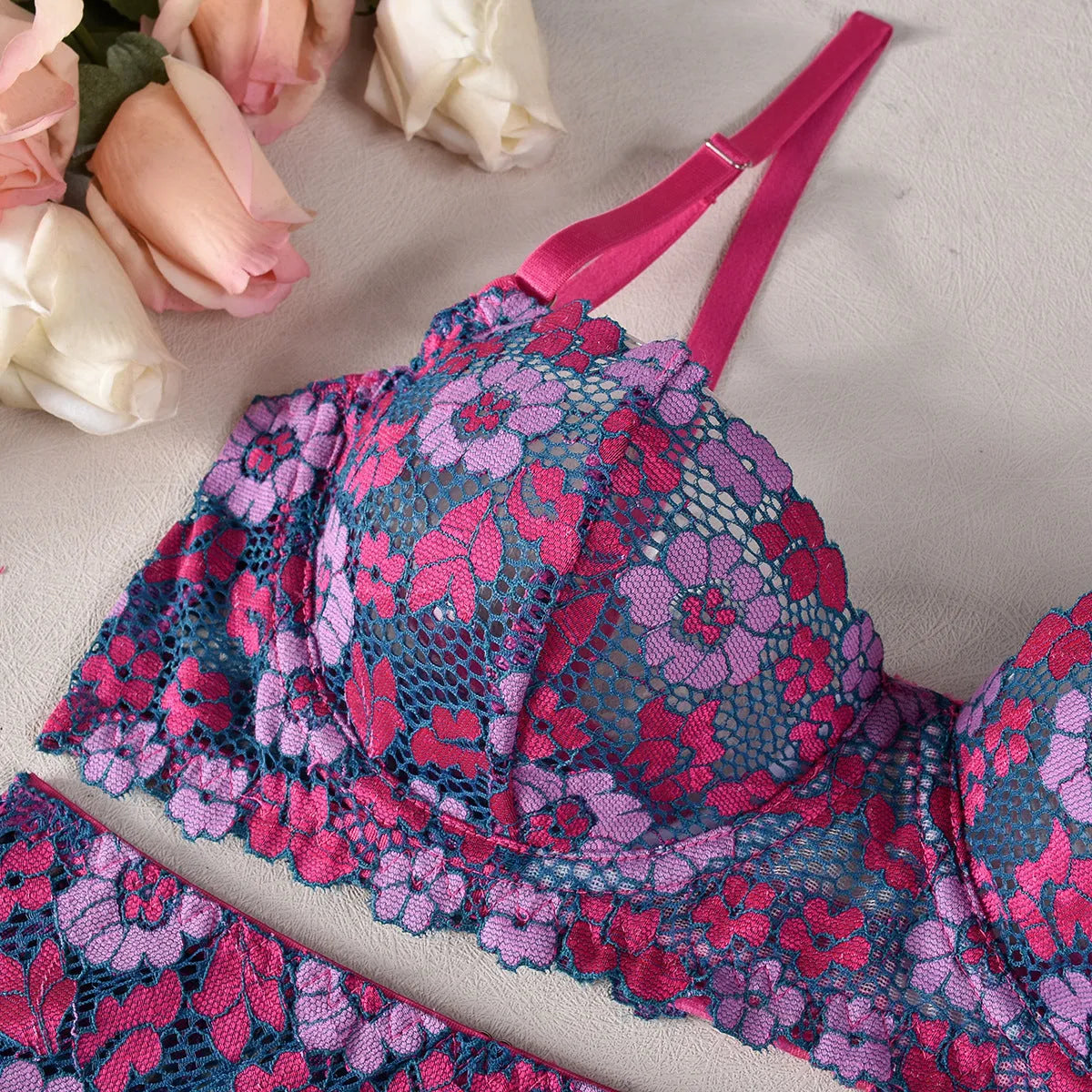Rose red women's bikini set with contrast colour embroidery, Asian sizes available
