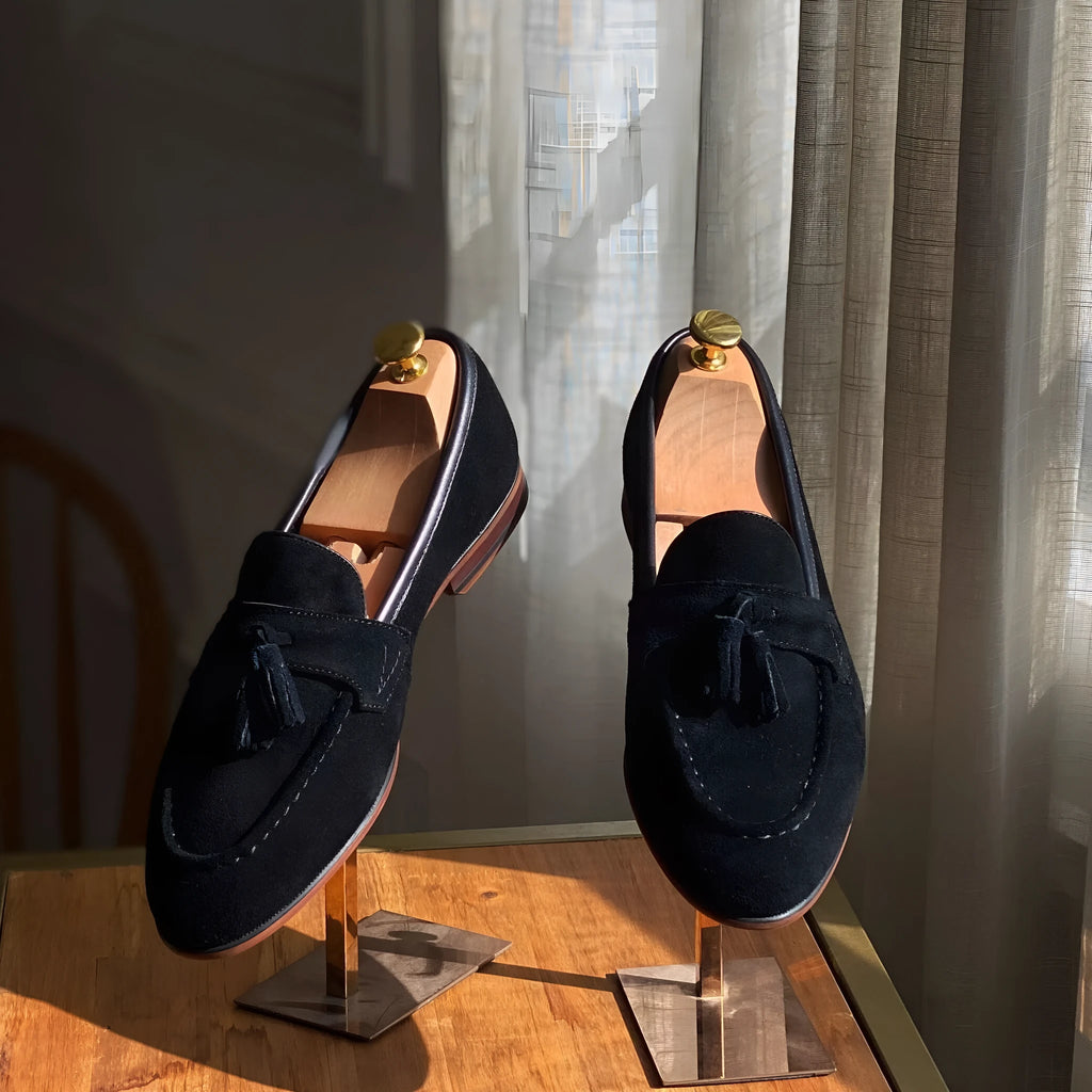 Men's square cowhide suit shoes in black leather, slip-on style with first-layer cowhide upper