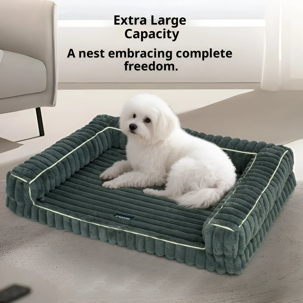 Kennel stripe dehaired angora removable pet bed with corduroy cushion in white for dogs, available in 75x50, 100x75, 120x75 cm sizes